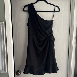 She + Sky Black One-Shoulder Dress with Ruffle Hem